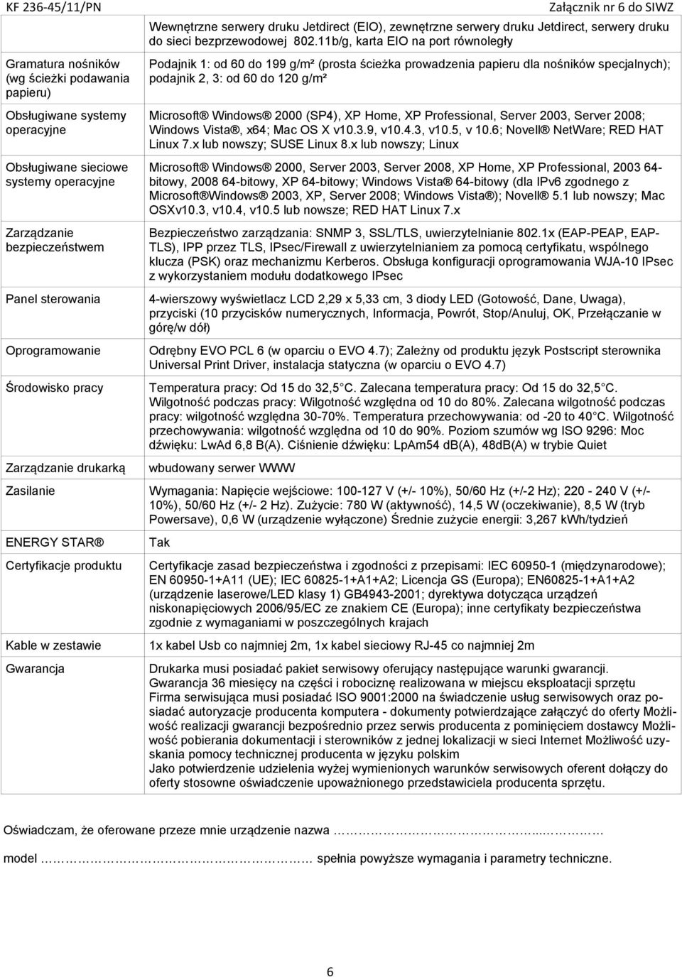 11b/g, karta EIO na port równoległy Podajnik 1: od 60 do 199 g/m² (prosta ścieżka prowadzenia papieru dla nośników specjalnych); podajnik 2, 3: od 60 do 120 g/m² Microsoft Windows 2000 (SP4), XP