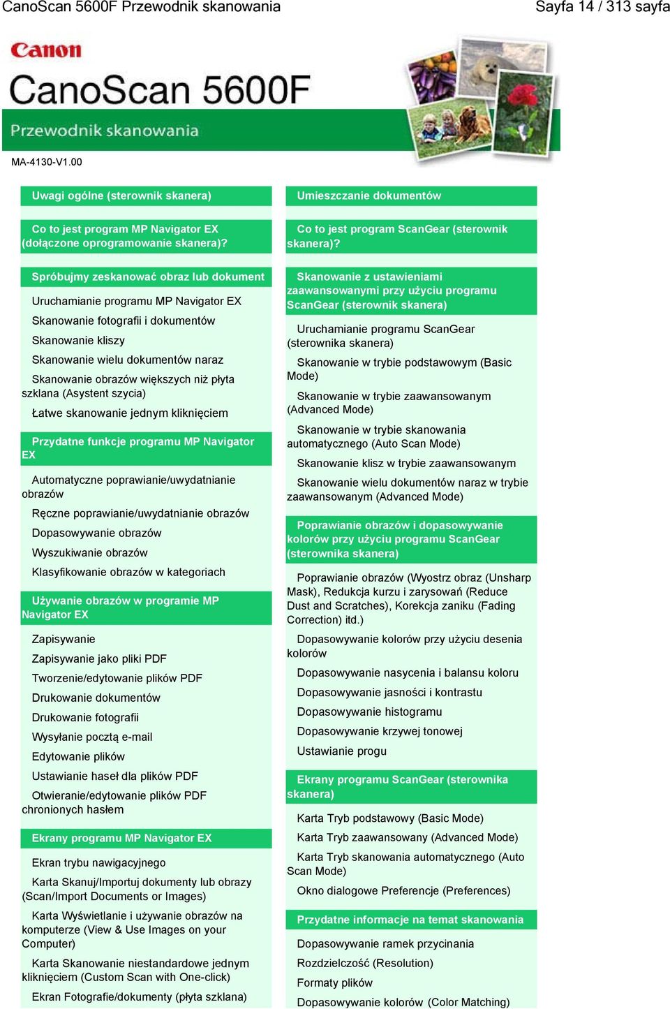 Spróbujmy zeskanować obraz lub dokument Uruchamianie programu MP Navigator EX Skanowanie fotografii i dokumentów Skanowanie kliszy Skanowanie wielu dokumentów naraz Skanowanie obrazów większych niż