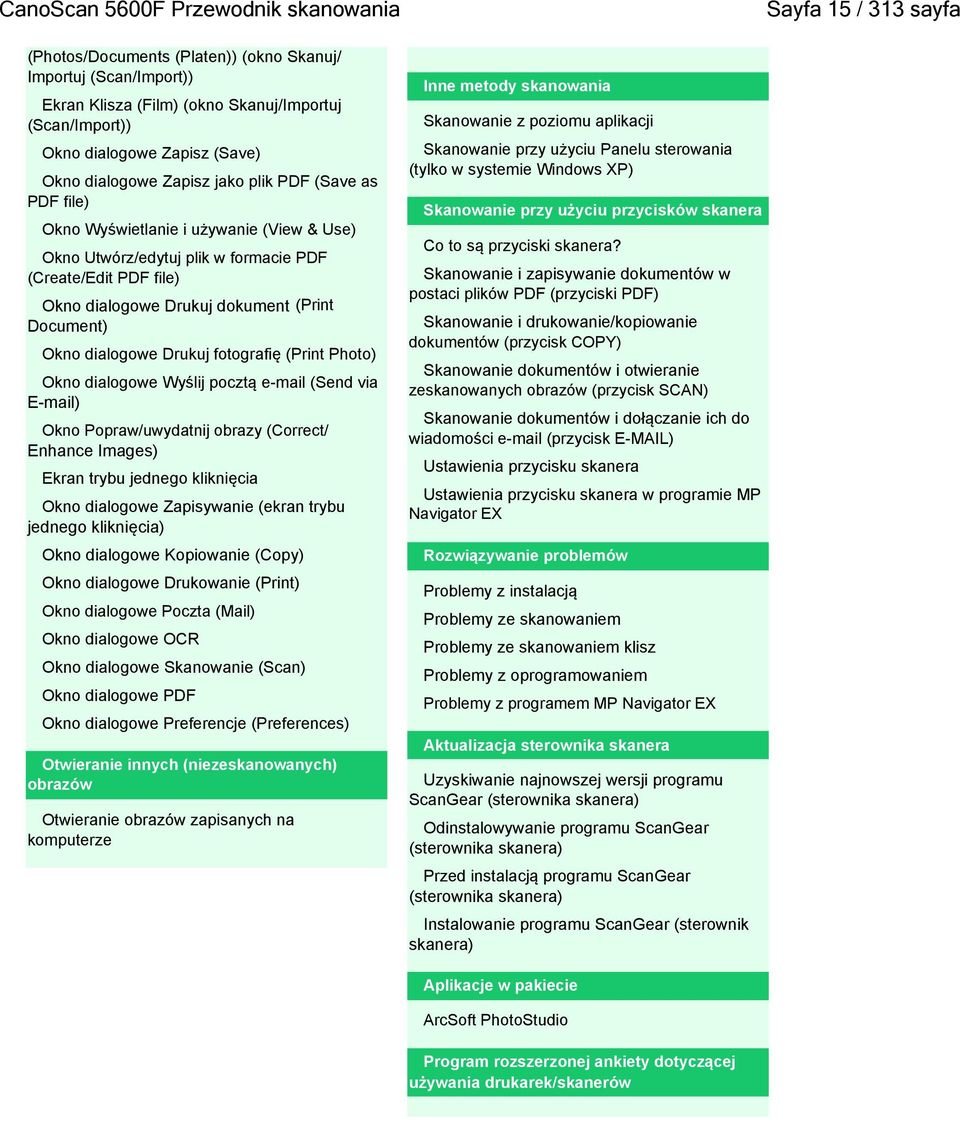 dokument (Print Document) Okno dialogowe Drukuj fotografię (Print Photo) Okno dialogowe Wyślij pocztą e-mail (Send via E-mail) Okno Popraw/uwydatnij obrazy (Correct/ Enhance Images) Ekran trybu