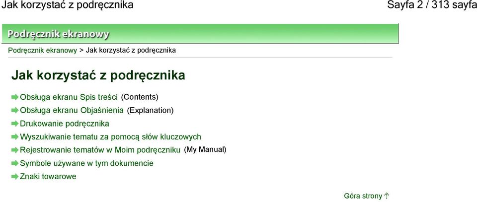 Objaśnienia (Explanation) Drukowanie podręcznika Wyszukiwanie tematu za pomocą słów