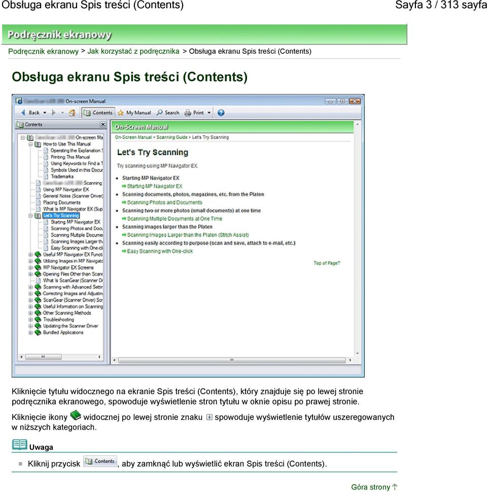stronie podręcznika ekranowego, spowoduje wyświetlenie stron tytułu w oknie opisu po prawej stronie.