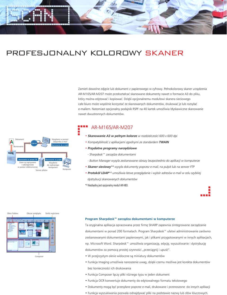 Dzi ki opcjonalnemu modu owi skanera sieciowego ca e biuro mo e wspólnie korzystaç ze skanowanych dokumentów, drukowaç je lub rozsy aç e-mailem.