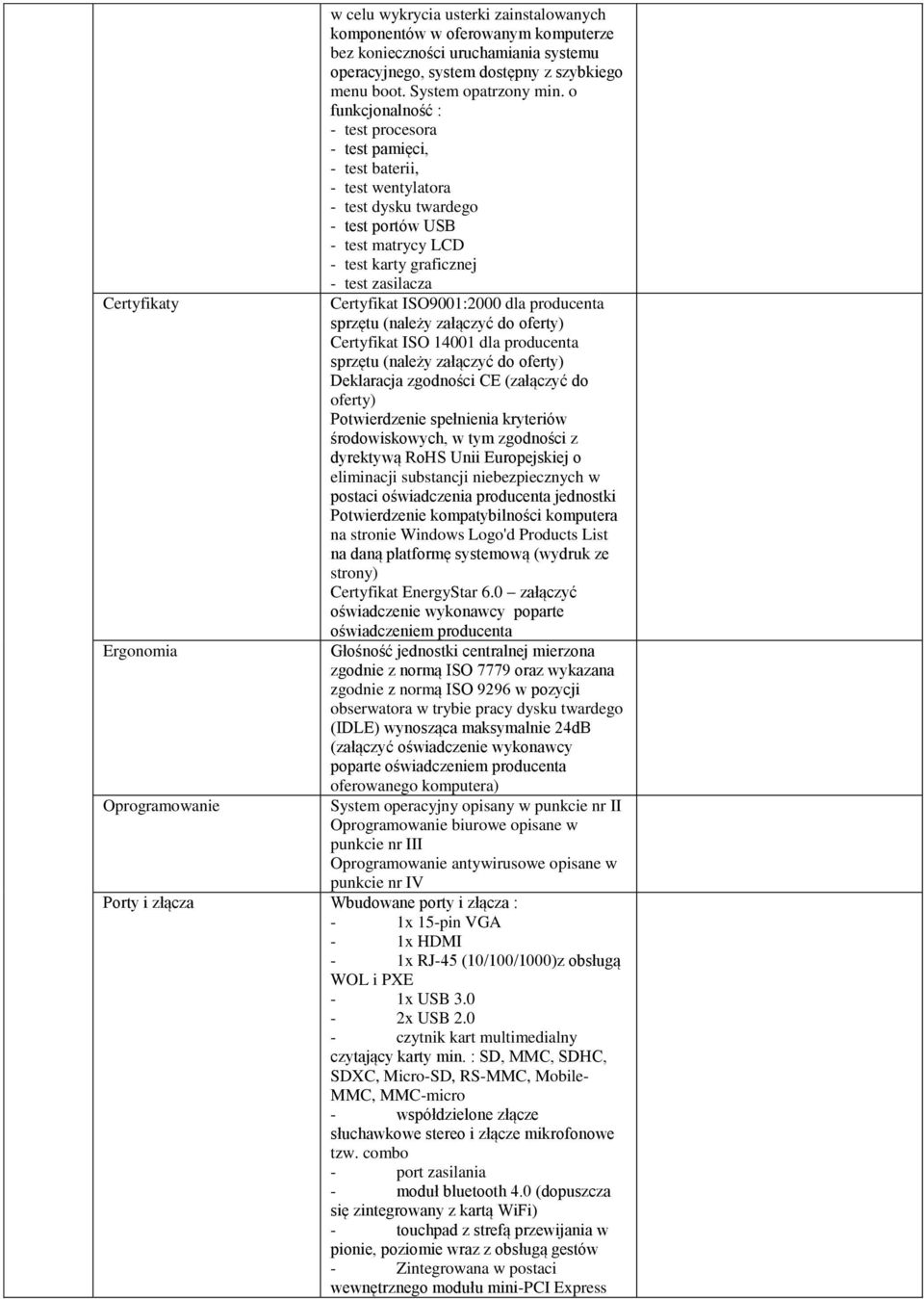 o funkcjonalność : - test procesora - test pamięci, - test baterii, - test wentylatora - test dysku twardego - test portów USB - test matrycy LCD - test karty graficznej - test zasilacza Certyfikat