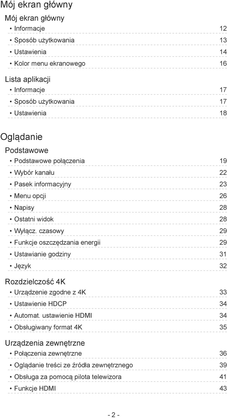 czasowy 29 Funkcje oszczędzania energii 29 Ustawianie godziny 31 Język 32 Rozdzielczość 4K Urządzenie zgodne z 4K 33 Ustawienie HDCP 34 Automat.