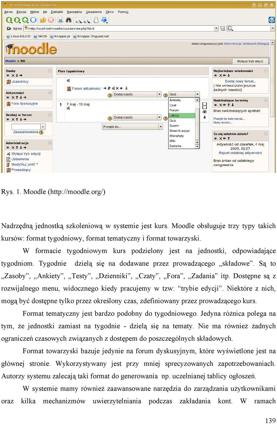 Są to Zasoby, Ankiety, Testy, Dzienniki, Czaty, Fora, Zadania itp. Dostępne są z rozwijalnego menu, widocznego kiedy pracujemy w tzw: trybie edycji.