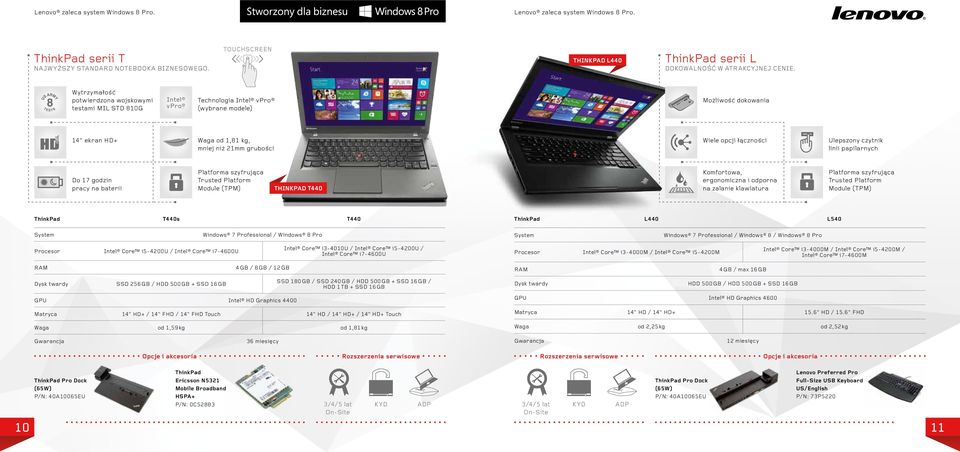 Ulepszony czytnik linii papilarnych Do 17 godzin pracy na baterii Platforma szyfrująca Trusted Platform Module (TPM) thinkpad T440 Komfortowa, ergonomiczna i odporna na zalanie klawiatura Platforma