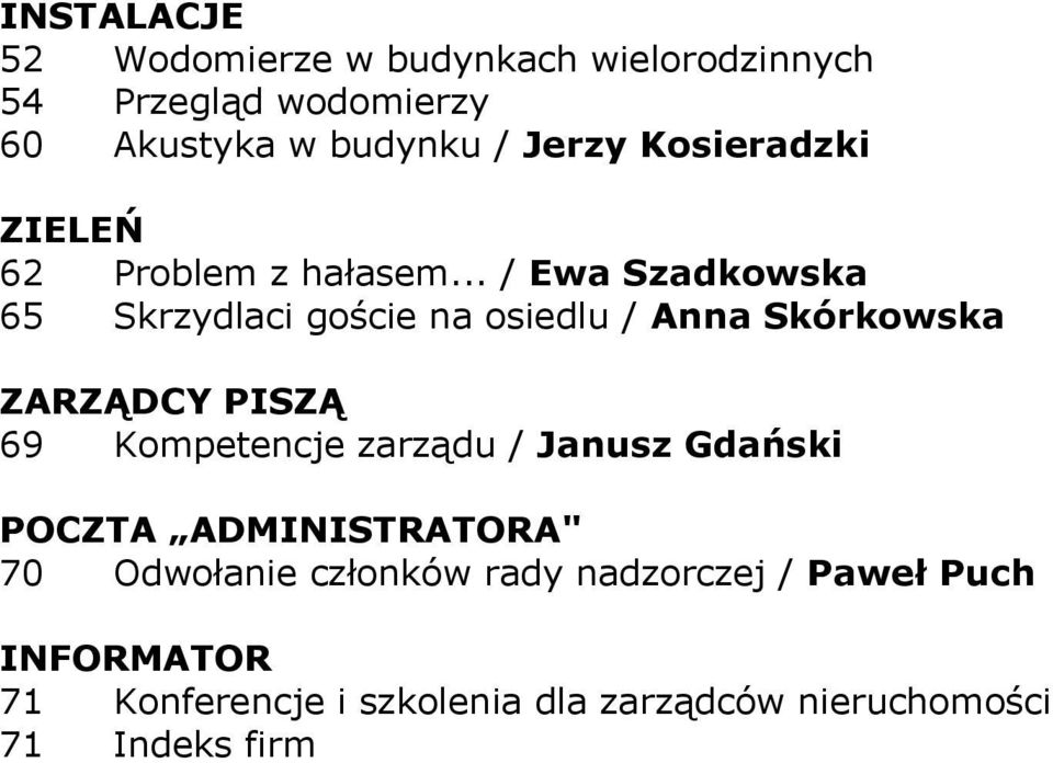 .. / Ewa Szadkowska 65 Skrzydlaci goście na osiedlu / Anna Skórkowska ZARZĄDCY PISZĄ 69 Kompetencje