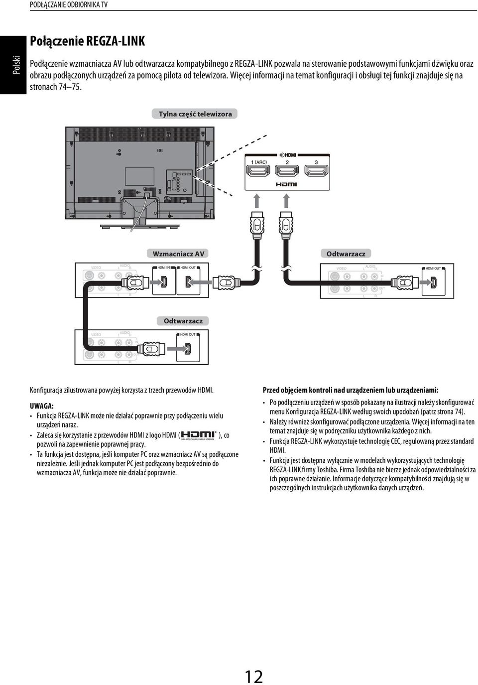 UWAGA: Funkj REGZA-LINK może nie ziłć poprwnie przy połązeniu wielu urzązeń nrz. Zle się korzystnie z przewoów HDMI z logo HDMI ( ), o pozwoli n zpewnienie poprwnej pry.