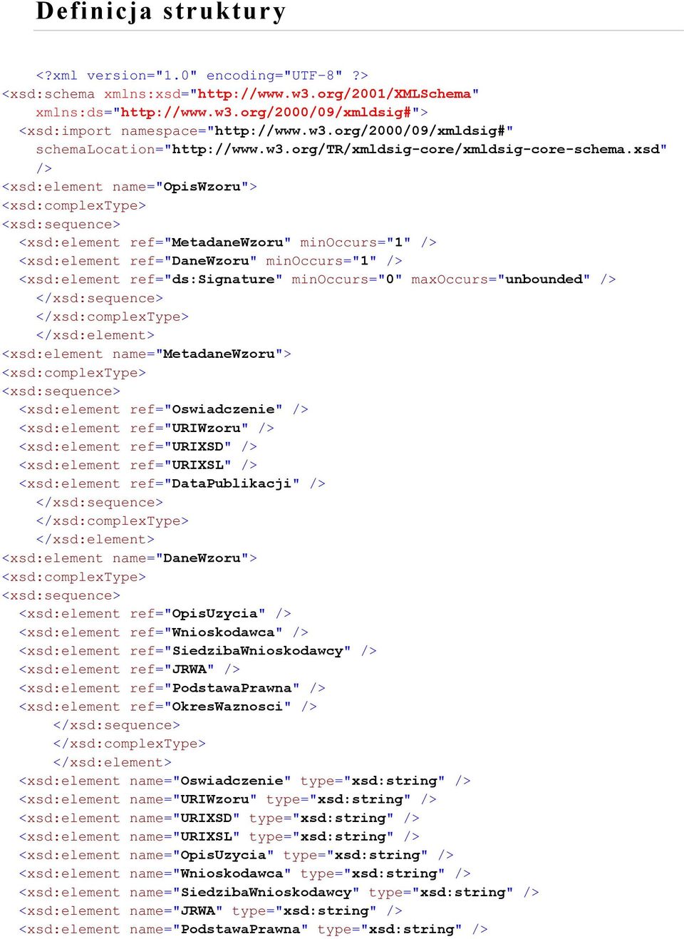 xsd" /> <xsd:element name="wzoru"> <xsd:complexe> <xsd:sequence> <xsd:element ref="metadanewzoru" minoccurs="1" /> <xsd:element ref="danewzoru" minoccurs="1" /> <xsd:element ref="ds:signature"