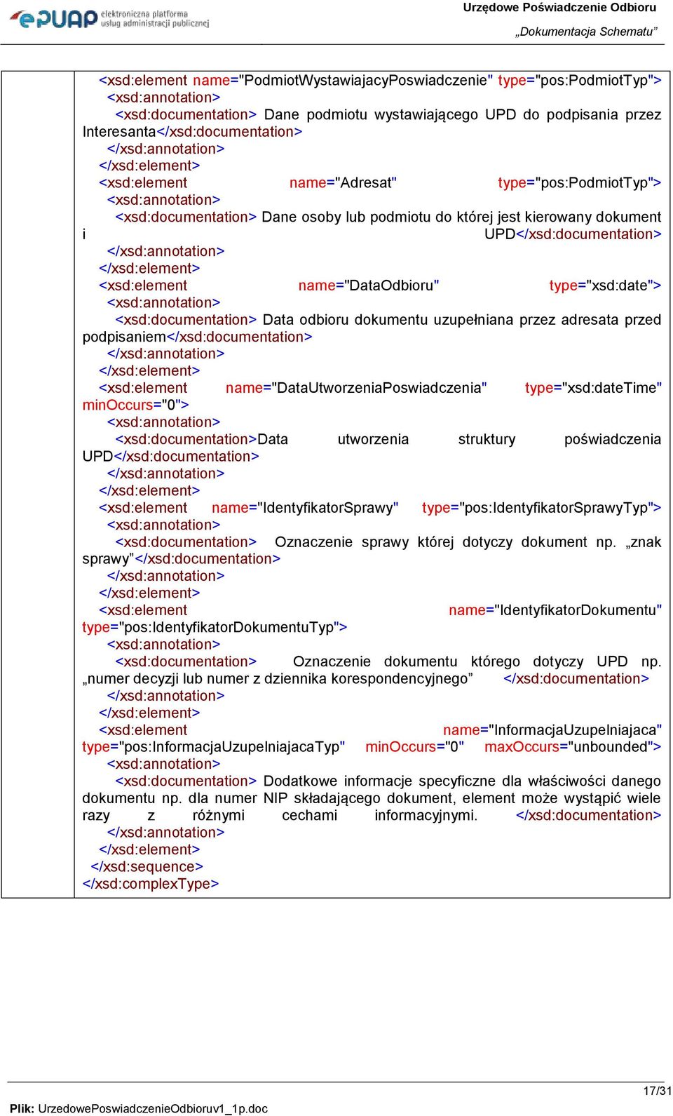 adresata przed podpisaniem</xsd:> <xsd:element name="datautworzeniaposwiadczenia" type="xsd:datetime" minoccurs="0"> <xsd:>data utworzenia struktury poświadczenia UPD</xsd:> <xsd:element