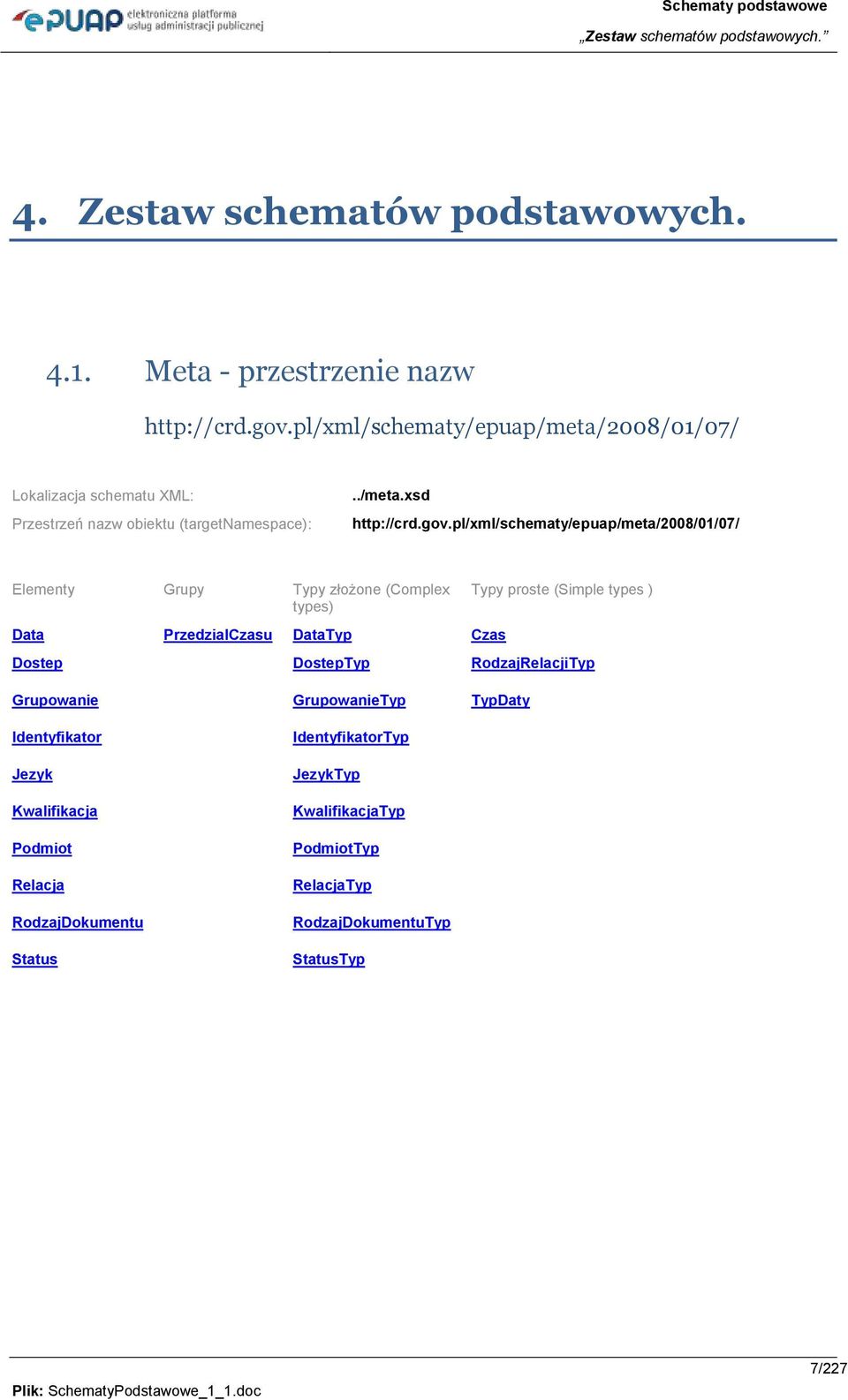 pl/xml/schematy/epuap/meta/2008/01/07/ Elementy Grupy y złożone (Complex types) y proste (Simple types ) Data PrzedzialCzasu Data