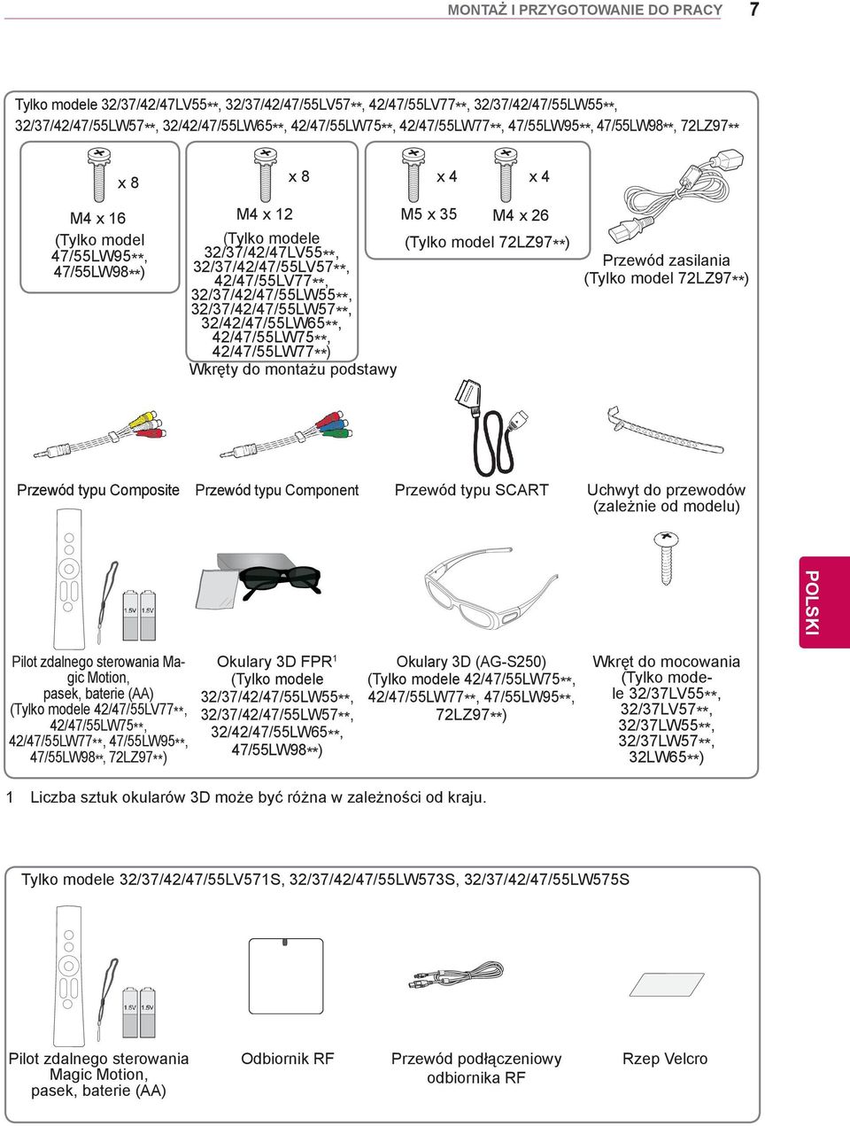 42/47/55LV77**, 32/37/42/47/55LW55**, 32/37/42/47/55LW57**, 32/42/47/55LW65**, 42/47/55LW75**, 42/47/55LW77**) Wkręty do montażu podstawy Przewód zasilania (Tylko model 72LZ97**) Przewód typu