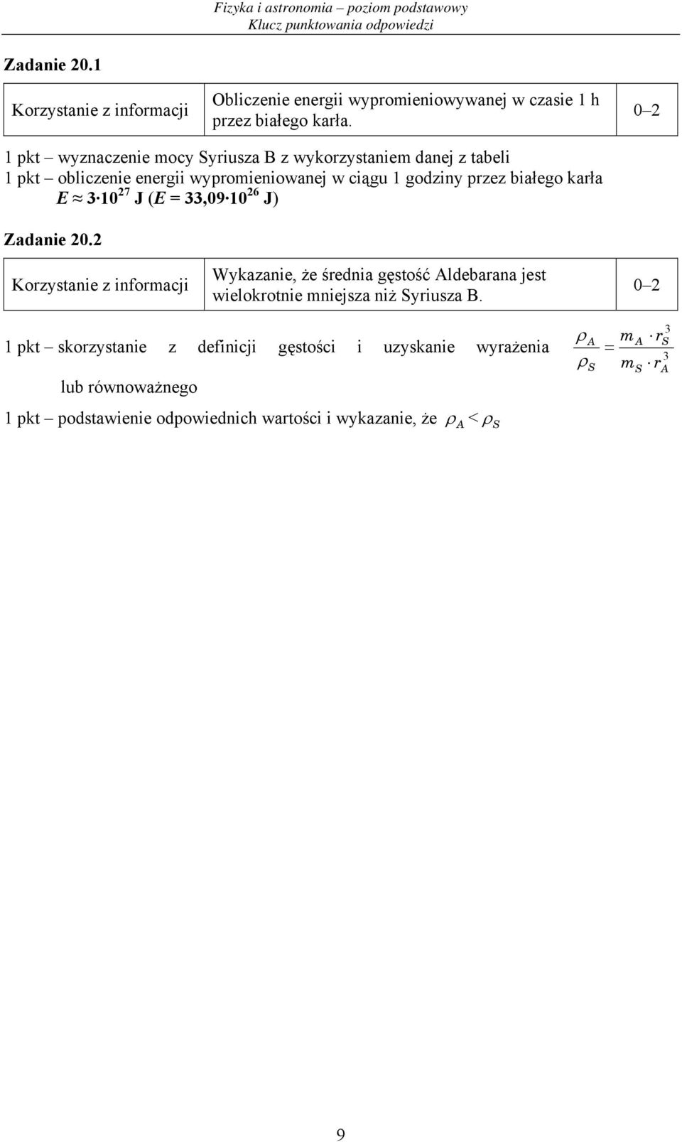 karła E 3 10 7 J (E = 33,09 10 6 J) Zadanie 0. Wykazanie, że średnia gęstość Aldebarana jest wielokrotnie mniejsza niż Syriusza B.