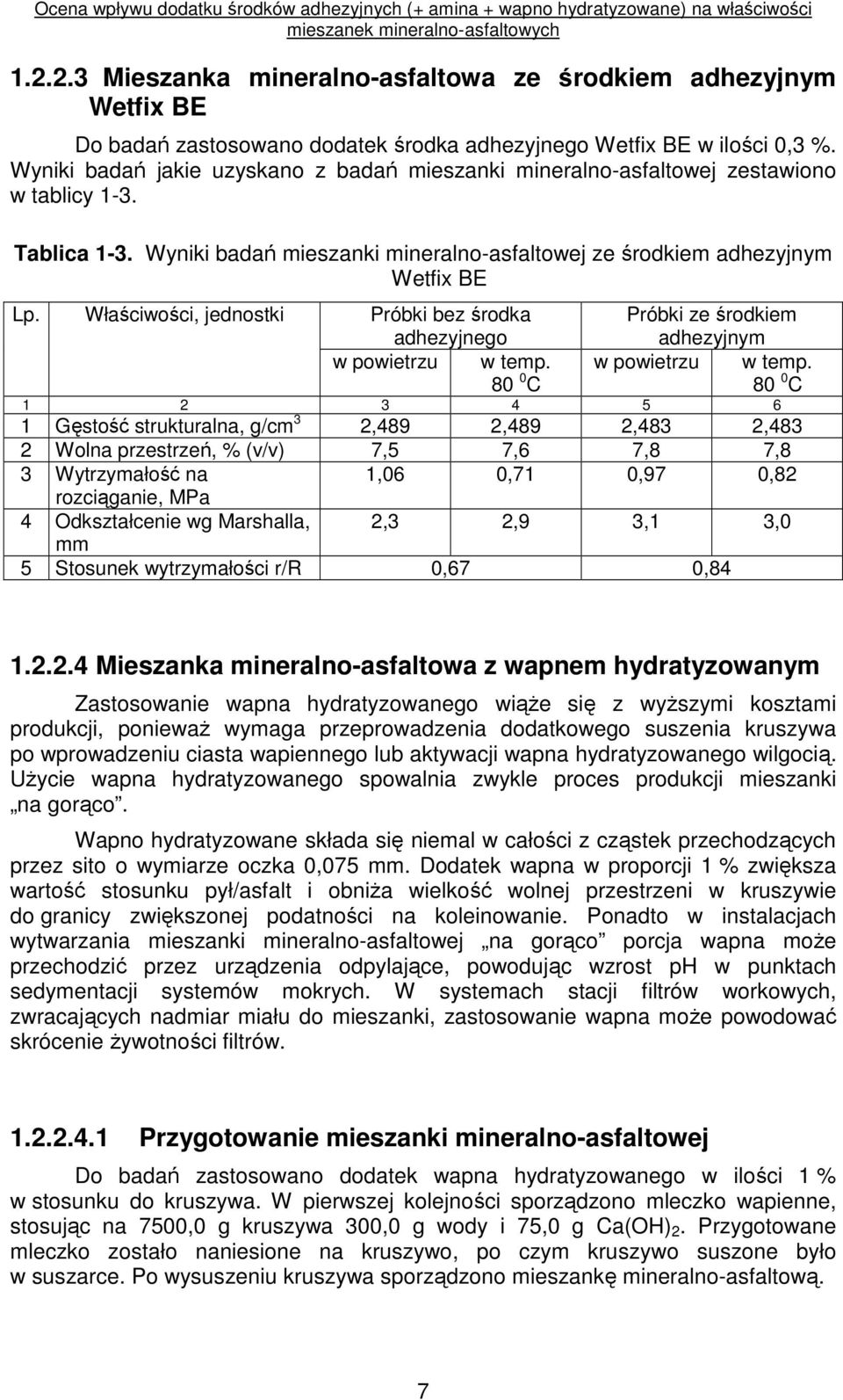 Właściwości, jednostki Próbki bez środka adhezyjnego Próbki ze środkiem adhezyjnym 80 0 C 80 0 C 1 2 3 4 5 6 1 Gęstość strukturalna, g/cm 3 2,489 2,489 2,483 2,483 2 Wolna przestrzeń, % (v/v) 7,5 7,6