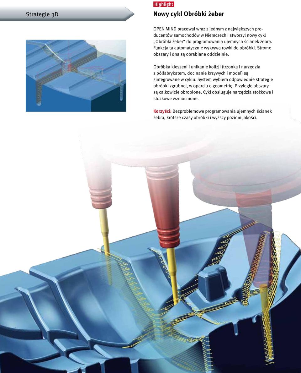 Obróbka kieszeni i unikanie kolizji (trzonka i narzędzia z półfabrykatem, docinanie krzywych i model) są zintegrowane w cyklu.