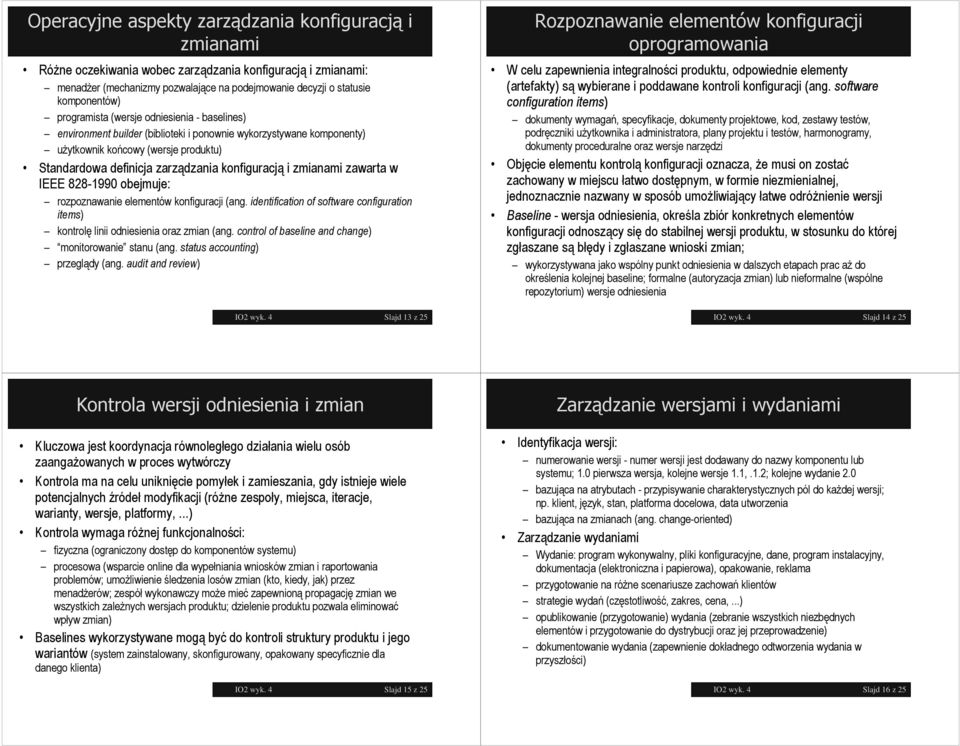 i zmianami zawarta w IEEE 828-1990 obejmuje: rozpoznawanie elementów konfiguracji (ang. identification of software configuration items) kontrolę linii odniesienia oraz zmian (ang.