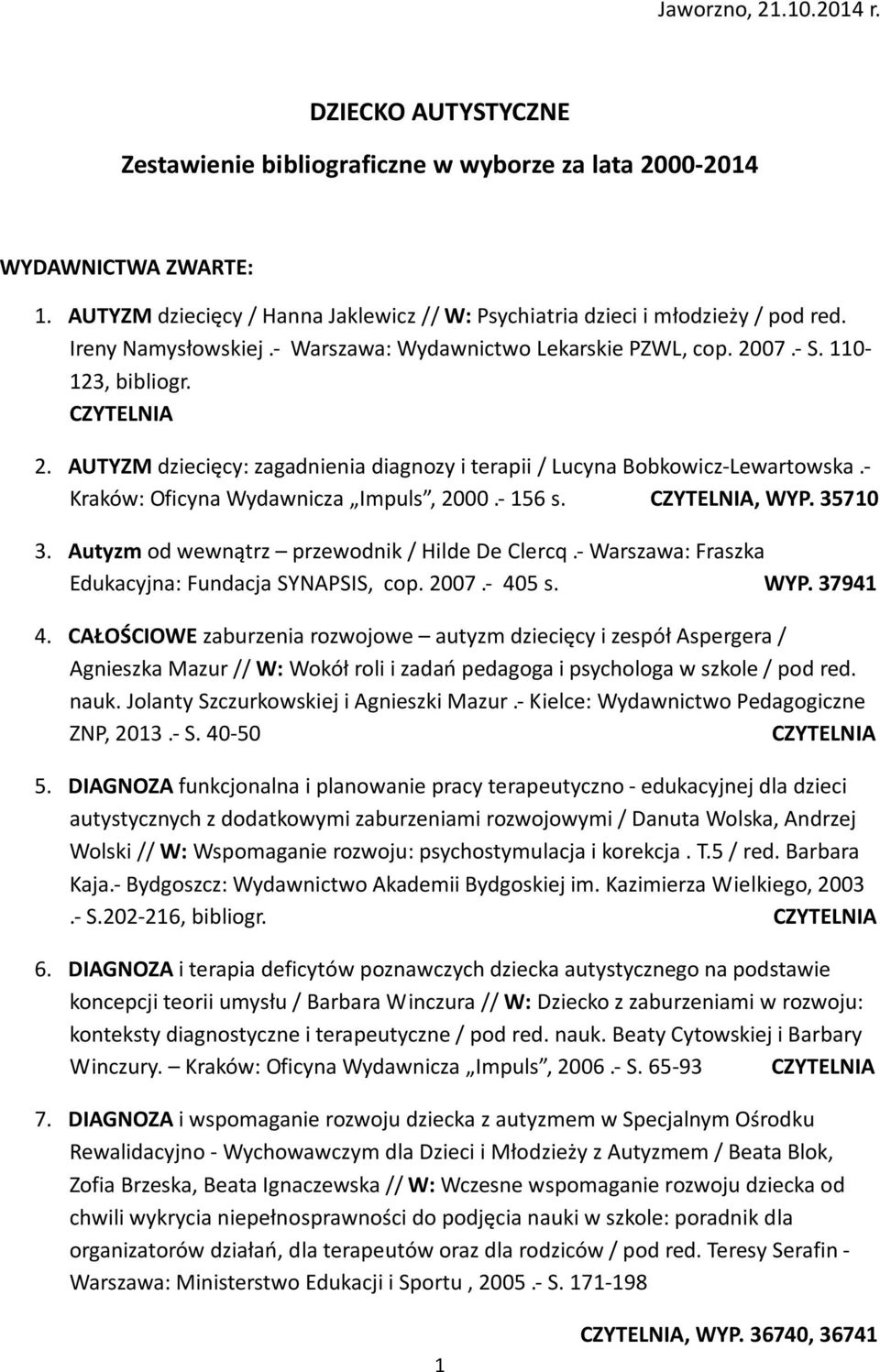 07.- S. 110-123, bibliogr. 2. AUTYZM dziecięcy: zagadnienia diagnozy i terapii / Lucyna Bobkowicz-Lewartowska.- Kraków: Oficyna Wydawnicza Impuls, 2000.- 156 s., WYP. 35710 3.