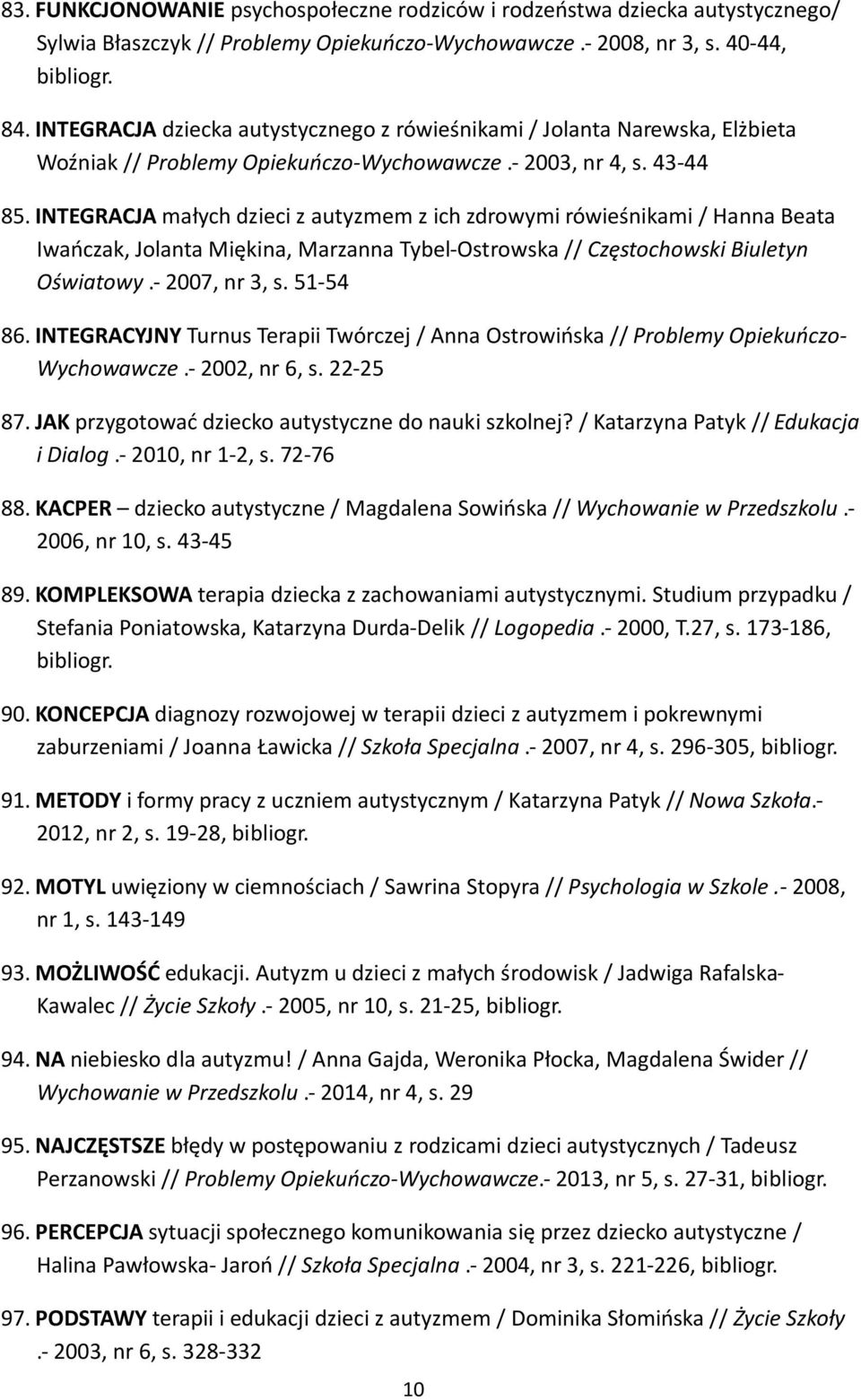 INTEGRACJA małych dzieci z autyzmem z ich zdrowymi rówieśnikami / Hanna Beata Iwańczak, Jolanta Miękina, Marzanna Tybel-Ostrowska // Częstochowski Biuletyn Oświatowy.- 2007, nr 3, s. 51-54 86.