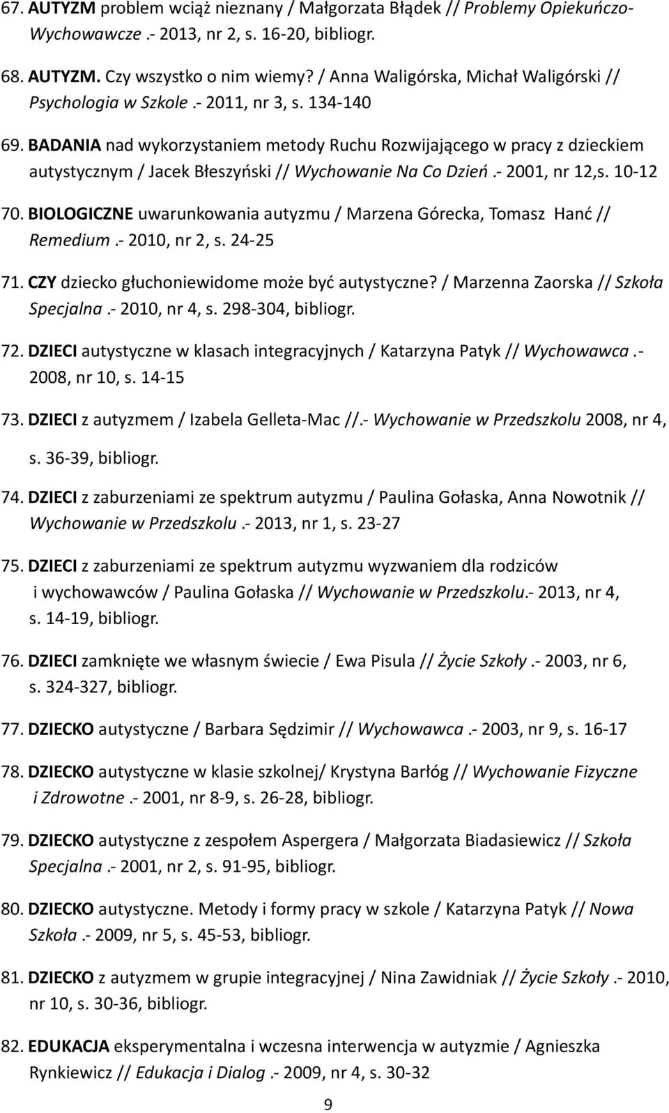 BADANIA nad wykorzystaniem metody Ruchu Rozwijającego w pracy z dzieckiem autystycznym / Jacek Błeszyński // Wychowanie Na Co Dzień.- 2001, nr 12,s. 10-12 70.