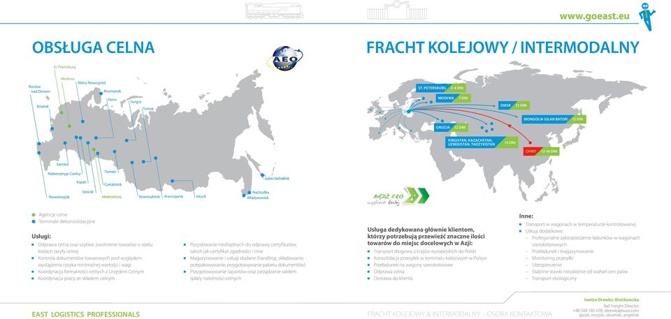 Kazań Czelabińsk Iżewsk Noworosyjsk Jekaterynburg Nowosybirsk Krasnojarsk Irkuck Nachodka Władywostok Jużno-Sachalińsk Agencje celne Terminale dekonsolidacyjne Usługi: Odprawa celna oraz szybkie