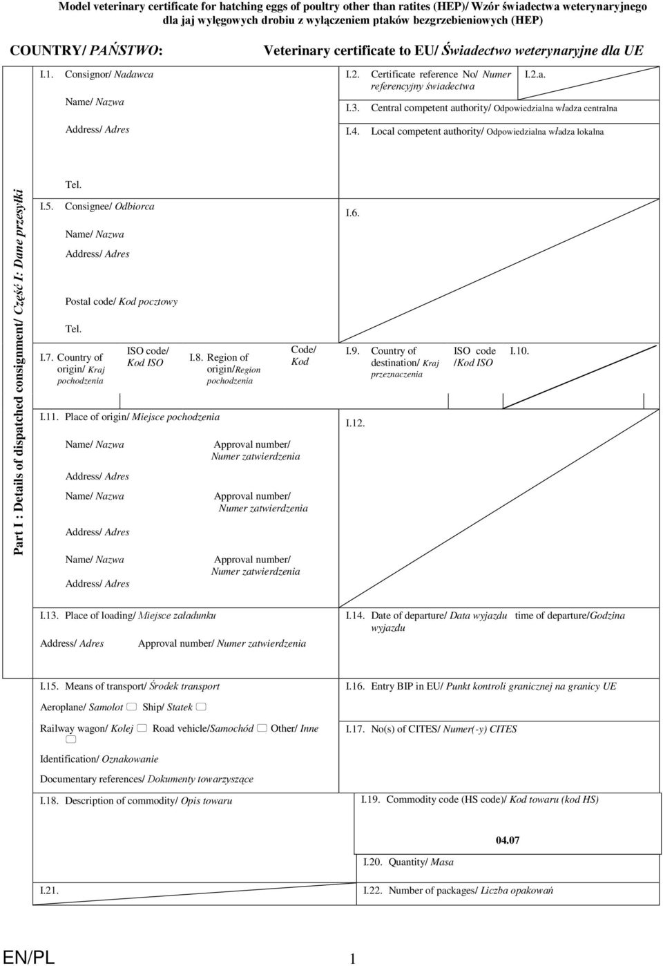 4. Local competent authority/ Odpowiedzialna władza lokalna Tel. Part I : Details of dispatched consignment/ Część I: Dane przesyłki I.5. Consignee/ Odbiorca Postal code/ Kod pocztowy Tel. I.7.