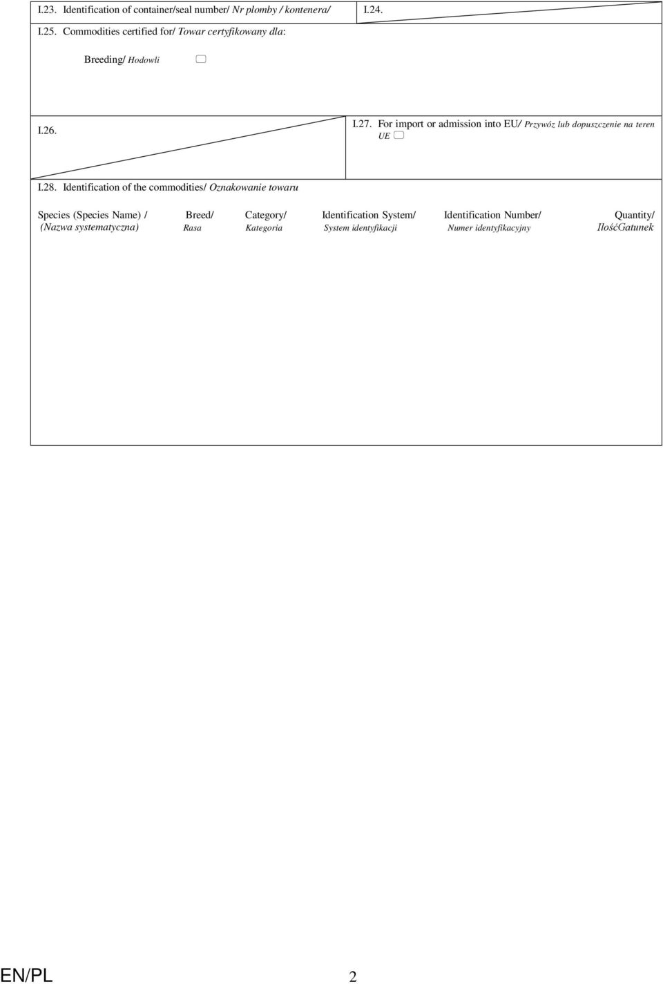 For import or admission into EU/ Przywóz lub dopuszczenie na teren UE I.28.