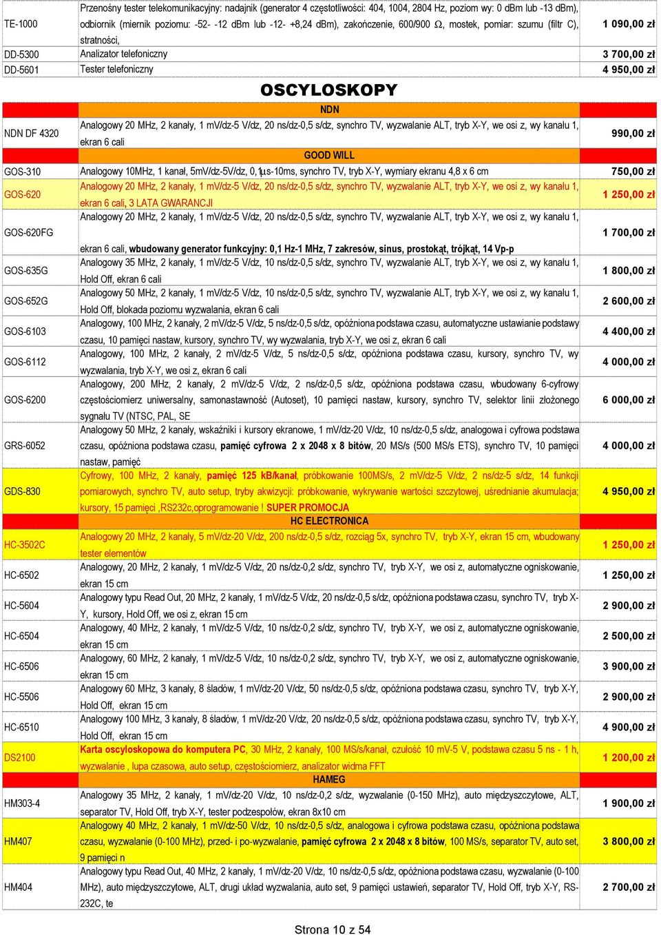 Analogowy 20 MHz, 2 kanały, 1 mv/dz-5 V/dz, 20 ns/dz-0,5 s/dz, synchro TV, wyzwalanie ALT, tryb X-Y, we osi z, wy kanału1, ekran 6 cali 990,00 zł GOOD WILL GOS-310 Analogowy 10MHz, 1 kanał,