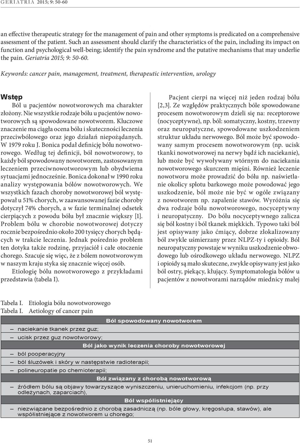 underlie the pain. Geriatria 2015; 9: 50-60. Keywords: cancer pain, management, treatment, therapeutic intervention, urology Wstęp Ból u pacjentów nowotworowych ma charakter złożony.