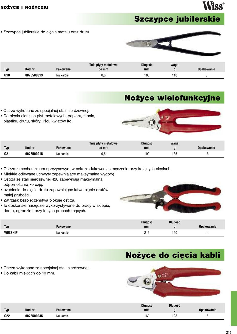 Nożyce wielofunkcyjne Tnie płyty metalowe Typ Kod nr Pakowane do mm mm g Opakowanie G21 0073500015 Na karcie 0,5 190 135 6 Ostrza z mechanizmem sprężynowym w celu zredukowania zmęczenia przy