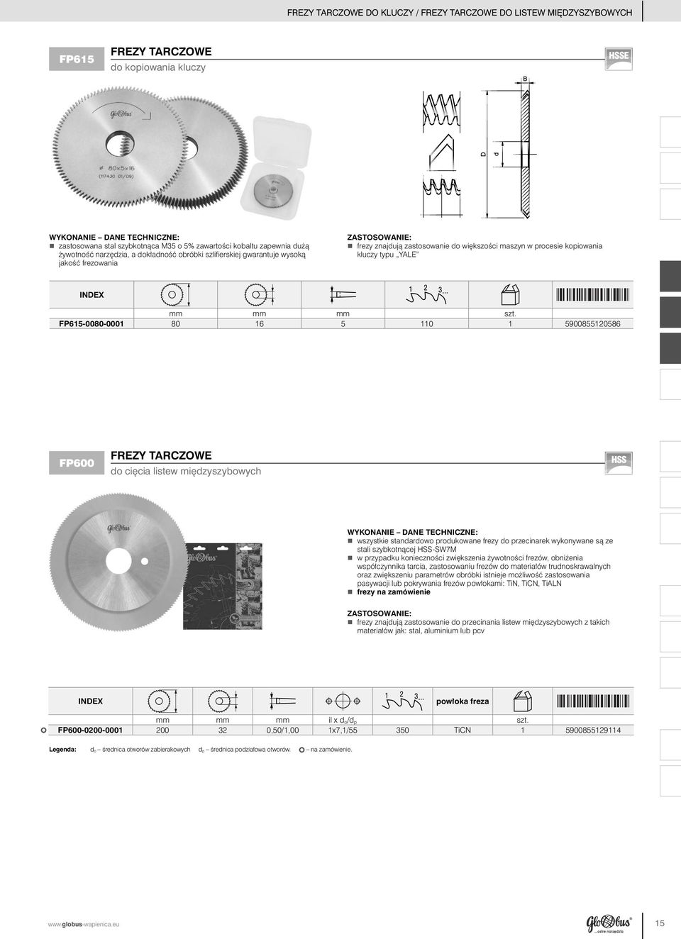 FP615-0080-0001 80 16 5 110 1 5900855120586 FP600 FREZY TARCZOWE do cięcia listew międzyszybowych HSS wszystkie standardowo produkowane frezy do przecinarek wykonywane są ze stali szybkotnącej