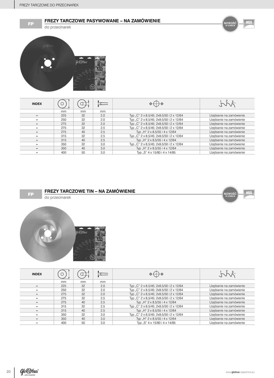 zamówienie 275 40 2,5 Typ H 2 x 8,5/55 i 4 x 12/64 Uzębianie na zamówienie 315 32 2,5 Typ C 2 x 8,5/45; 2x9,5/50 i 2 x 12/64 Uzębianie na zamówienie 315 40 2,5 Typ H 2 x 8,5/55 i 4 x 12/64 Uzębianie