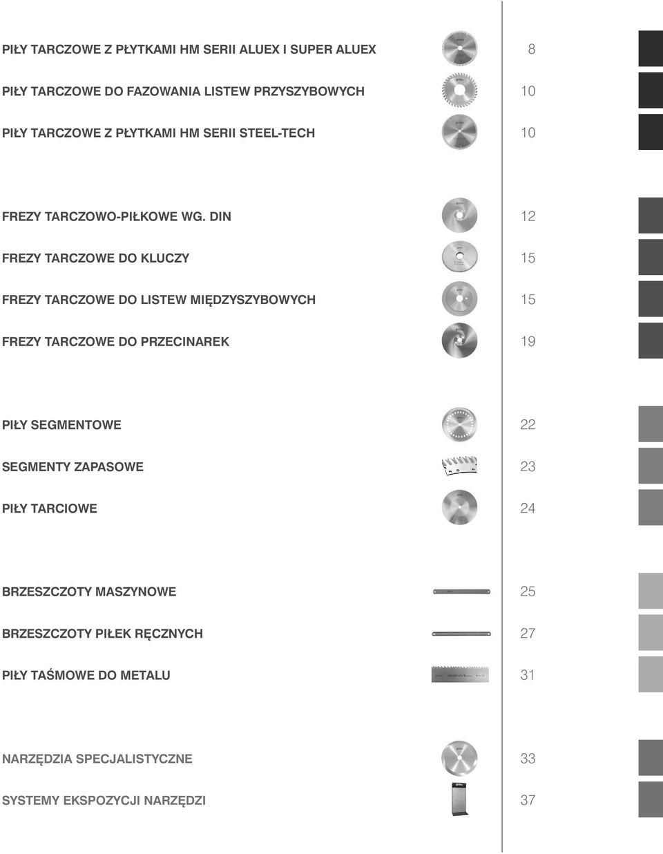 DIN 12 FREZY TARCZOWE DO KLUCZY 15 FREZY TARCZOWE DO LISTEW MIĘDZYSZYBOWYCH 15 FREZY TARCZOWE DO PRZECINAREK 19 PIŁY