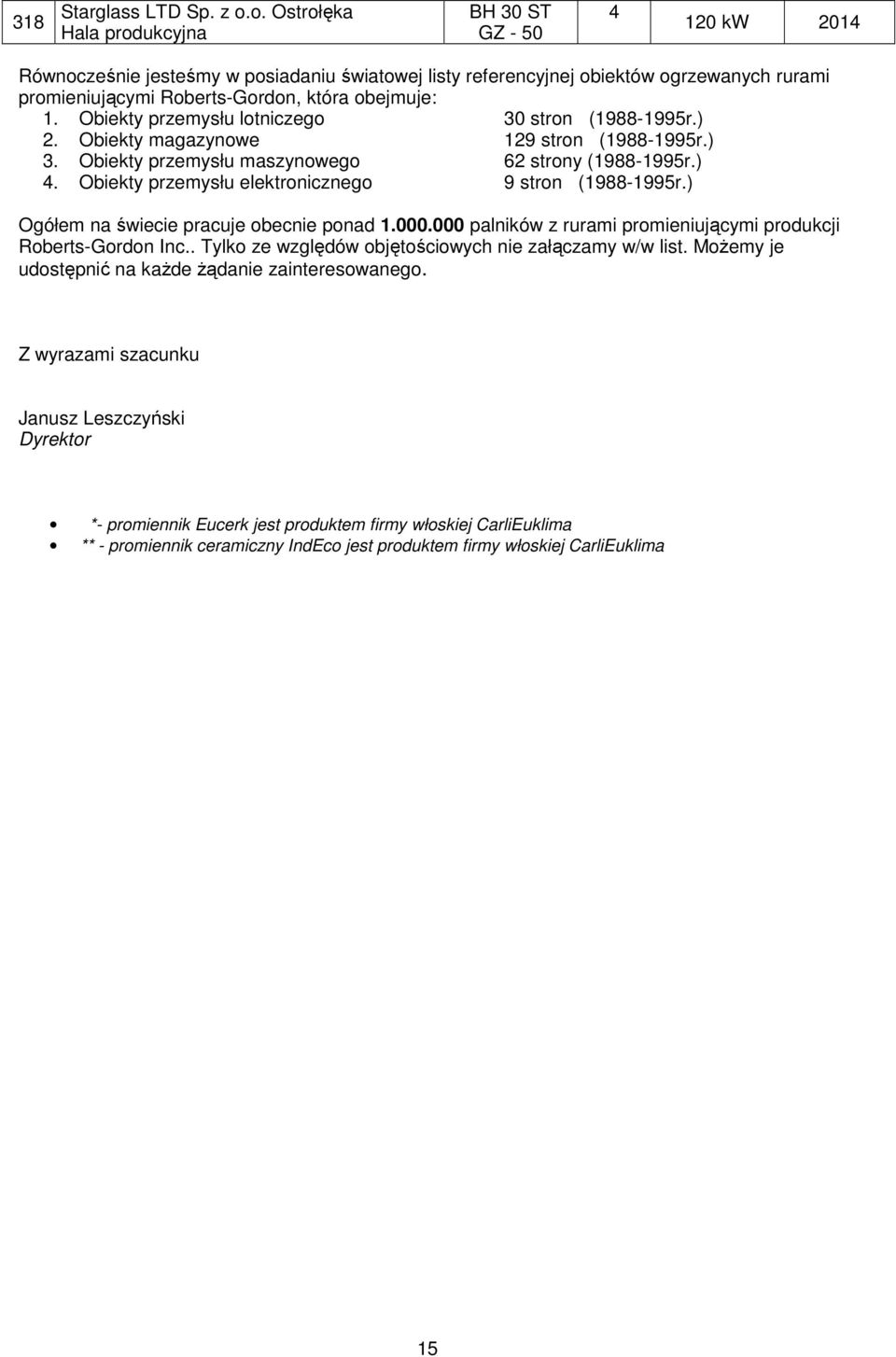 ) Ogółem na świecie pracuje obecnie ponad.000.000 palników z rurami promieniującymi produkcji Roberts-Gordon Inc.. Tylko ze względów objętościowych nie załączamy w/w list.