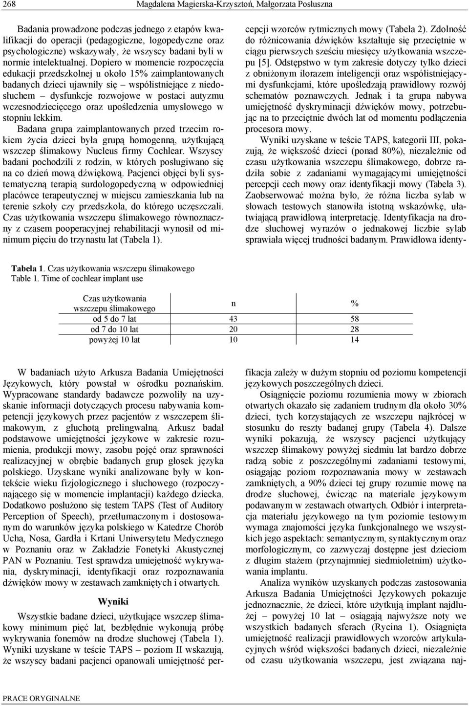 Dopiero w momencie rozpoczęcia edukacji przedszkolnej u około 15% zaimplantowanych badanych dzieci ujawniły się współistniejące z niedosłuchem dysfunkcje rozwojowe w postaci autyzmu