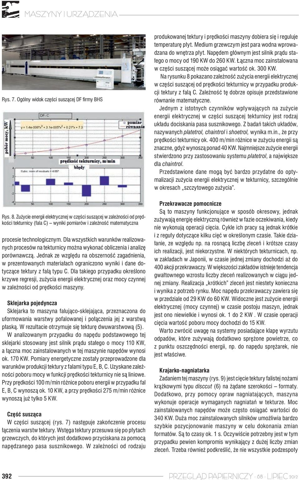 Na rysunku 8 pokazano zależność zużycia energii elektrycznej w części suszącej od prędkości tekturnicy w przypadku produkcji tektury z falą C.