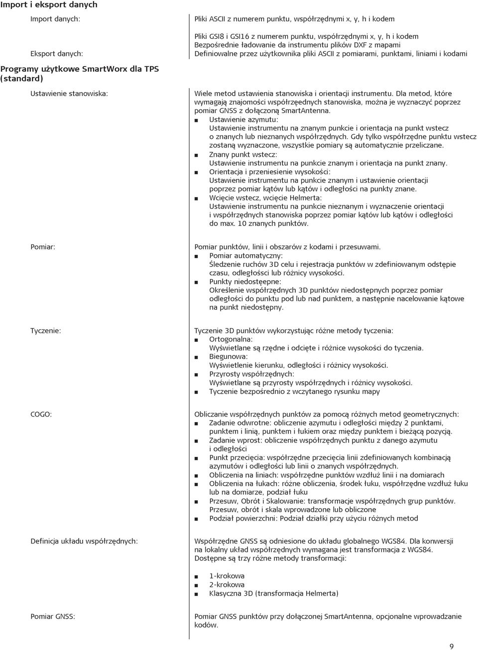 Wiele metod ustawienia stanowiska i orientacji instrumentu. Dla metod, które wymagaj¹ znajomoœci wspó³rzêednych stanowiska, mo na je wyznaczyæ poprzez pomiar GNSS z do³¹czon¹ SmartAntenna.