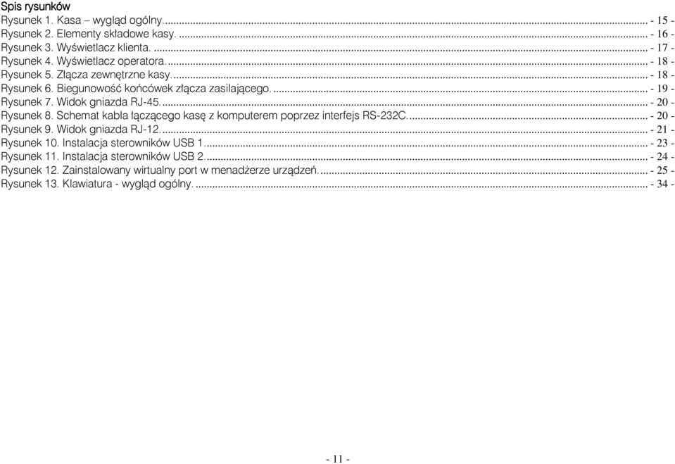 Schemat kabla łączącego kasę z komputerem poprzez interfejs RS-232C.... - 20 - Rysunek 9. Widok gniazda RJ-12.... - 21 - Rysunek 10. Instalacja sterowników USB 1.