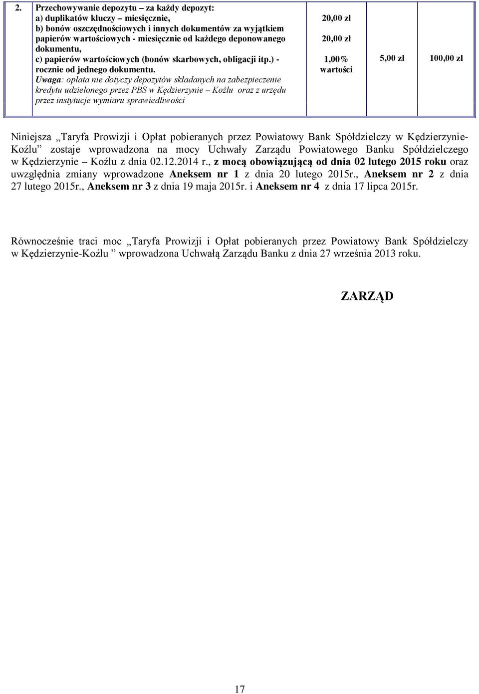 Uwaga: opłata nie dotyczy depozytów składanych na zabezpieczenie kredytu udzielonego przez PBS w Kędzierzynie Koźlu oraz z urzędu przez instytucje wymiaru sprawiedliwości 1,00% wartości 100,00 zł