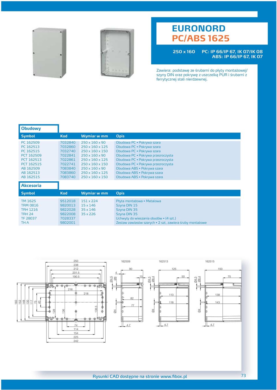 x 160 x 90 Obudowa PC Pokrywa przezroczysta PCT 162513 7022861 250 x 160 x 125 Obudowa PC Pokrywa przezroczysta PCT 162515 7022741 250 x 160 x 150 Obudowa PC Pokrywa przezroczysta AB 162509 7083840