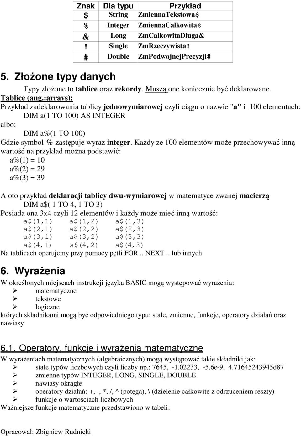 :arrays): Przykład zadeklarowania tablicy jednowymiarowej czyli ciągu o nazwie "a" i 100 elementach: DIM a(1 TO 100) AS INTEGER albo: DIM a%(1 TO 100) Gdzie symbol % zastępuje wyraz integer.