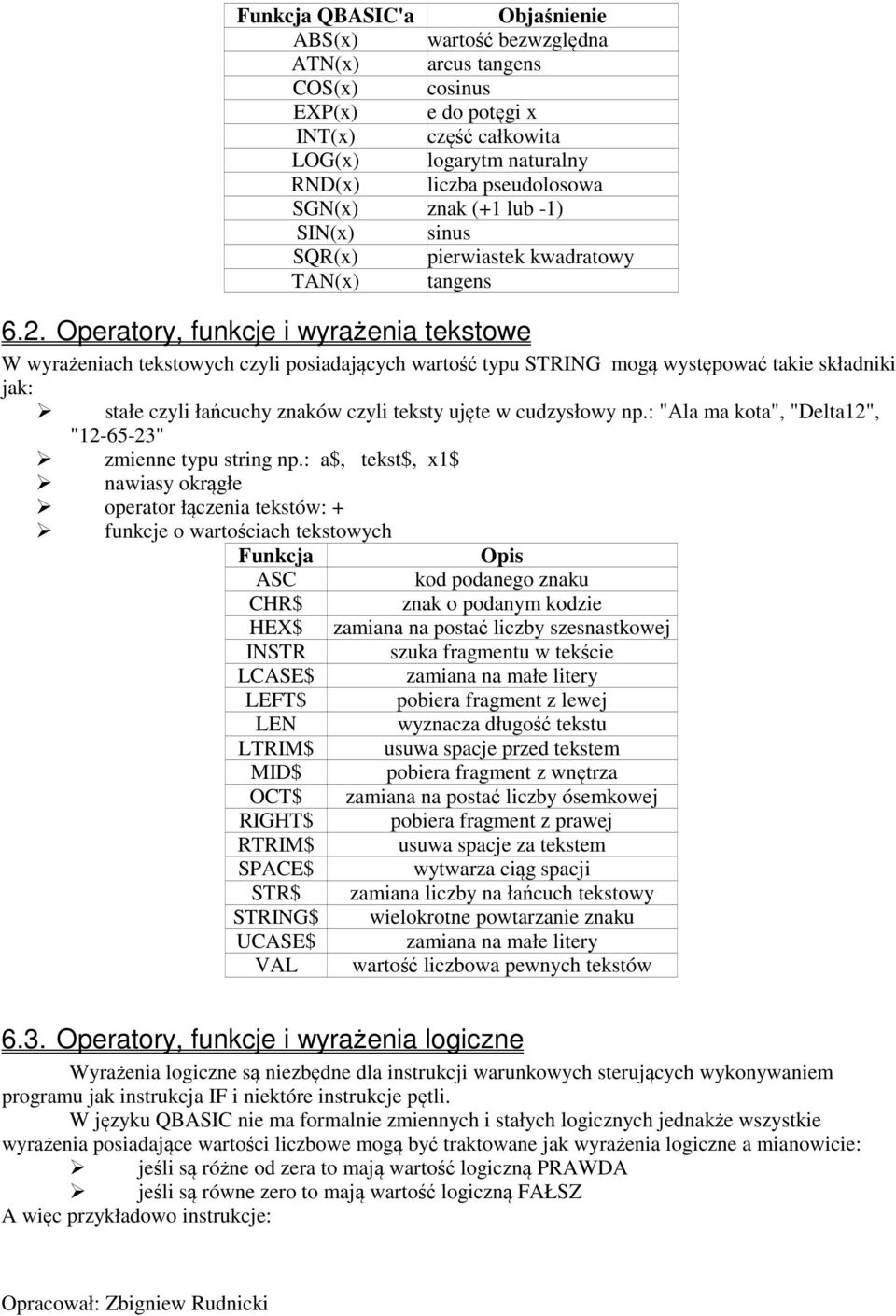 Operatory, funkcje i wyrażenia tekstowe W wyrażeniach tekstowych czyli posiadających wartość typu STRING mogą występować takie składniki jak: stałe czyli łańcuchy znaków czyli teksty ujęte w