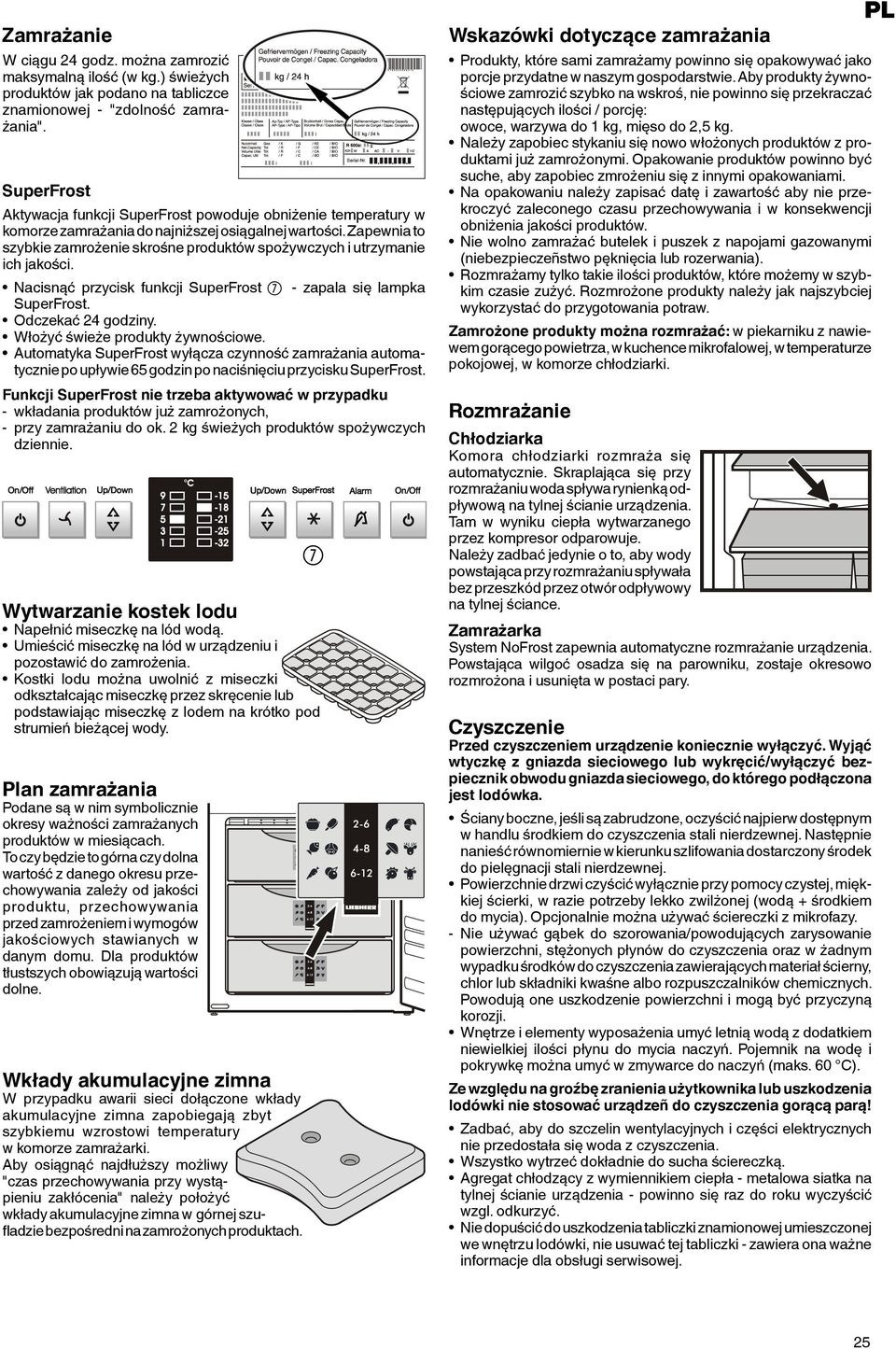 Zapewnia to szybkie zamrożenie skrośne produktów spożywczych i utrzymanie ich jakości. Nacisnąć przycisk funkcji SuperFrost 7 - zapala się lampka SuperFrost. Odczekać 24 godziny.