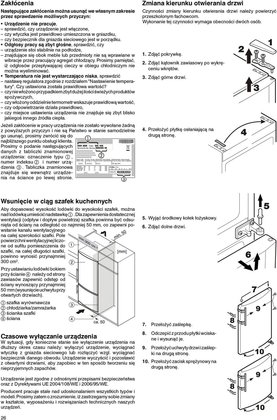 Odgłosy pracy są zbyt głośne, sprawdzić, czy urządzenie stoi stabilnie na podłodze, znajdujące się obok meble lub przedmioty nie są wprawiane w wibracje przez pracujący agregat chłodzący.