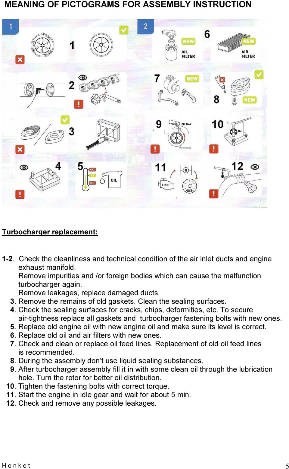 4. Check the sealing surfaces for cracks, chips, deformities, etc. To secure air-tightness replace all gaskets and turbocharger fastening bolts with new ones. 5.