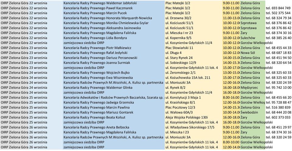 693 844 749 OIRP Zielona Góra 22 września Kancelaria Radcy Prawnego Marcin Pucek Plac Matejki 3/2 9.00-11.00 Zielona Góra tel.