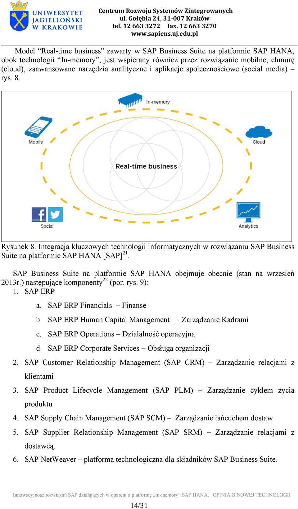 SAP Business Suite na platformie SAP HANA obejmuje obecnie (stan na wrzesień 2013r.) następujące komponenty 22 (por. rys. 9): 1. SAP ERP a. SAP ERP Financials Finanse b.