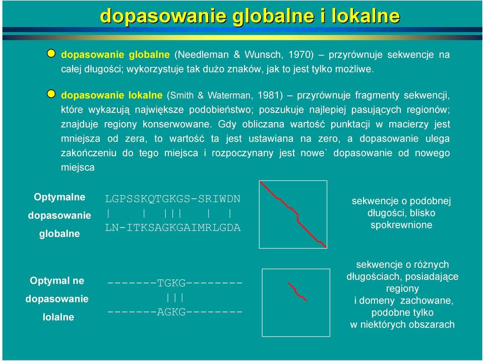 Gdy obliczana wartość punktacji w macierzy jest mniejsza od zera, to wartość ta jest ustawiana na zero, a dopasowanie ulega zakończeniu do tego miejsca i rozpoczynany jest nowe` dopasowanie od nowego