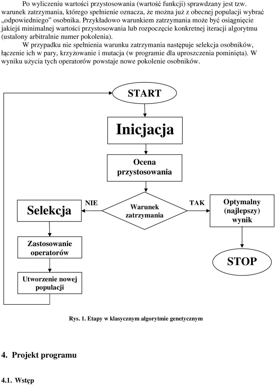 W przypadku nie spełnienia warunku zatrzymania nastpuje selekcja osobników, łczenie ich w pary, krzyowanie i mutacja (w programie dla uproszczenia pominita).