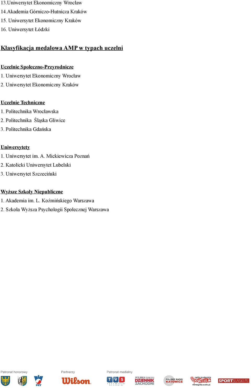 Uniwersytet Ekonomiczny Kraków Uczelnie Techniczne 1. Politechnika Wrocławska 2. Politechnika Śląska Gliwice 3. Politechnika Gdańska Uniwersytety 1.