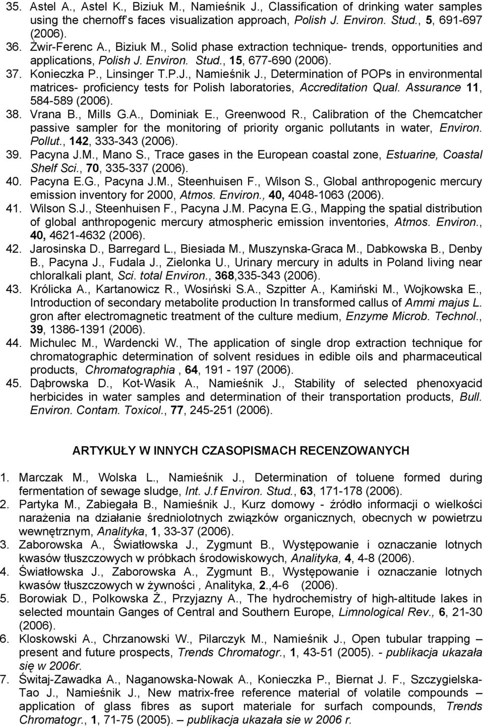 , Determination of POPs in environmental matrices- proficiency tests for Polish laboratories, Accreditation Qual. Assurance 11, 584-589 (2006). 38. Vrana B., Mills G.A., Dominiak E., Greenwood R.